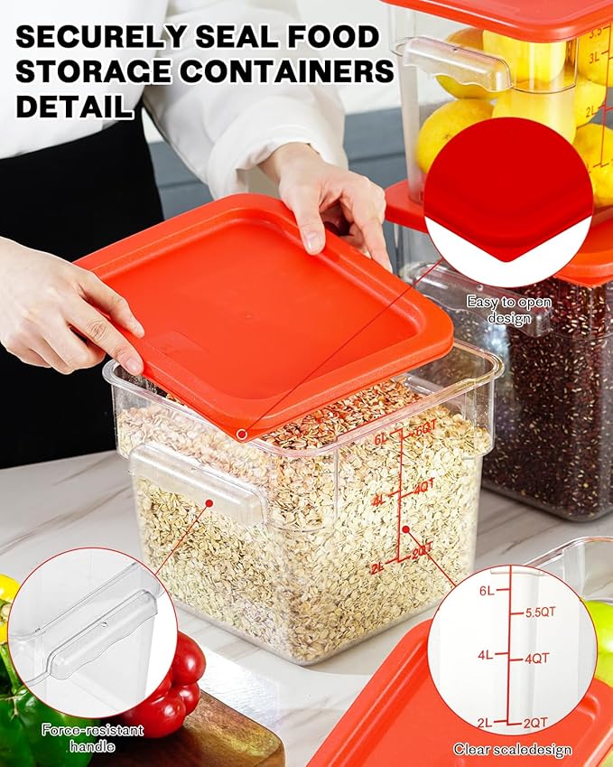 2QT NSF Food Storage Containers: 2 PCS [Food Grade][Hot&Cold Resistant] Commercial Clear Square Food Storage Containers with Scales Handles for Home Restaurant Kitchen Proof Dough(BPA FREE)