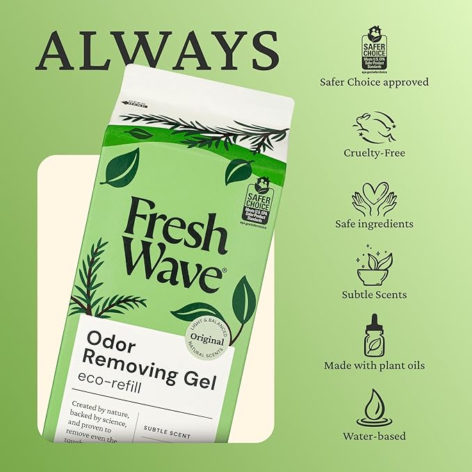 Fresh Wave Odor Removing Gel Eco-Refill, 63 oz. Original Scent | 4 Empty Refillable Glass Jars | 4 Room Set
