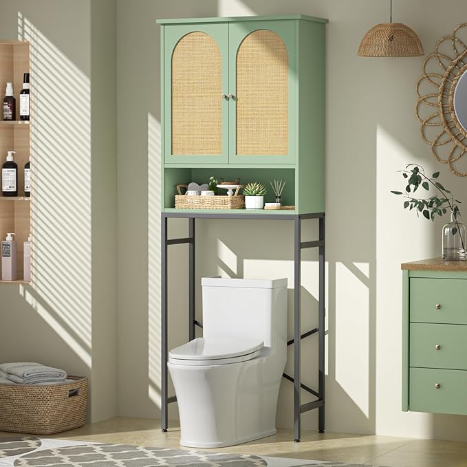 Rattan Toilet Storage Cabinet, Over The Rack Wood Cabinet with Metal Stand, Bathroom Organizer with Adjustable Shelf, Space Saving Cupboard for Small Bathrooms, Washer Shelf, Green
