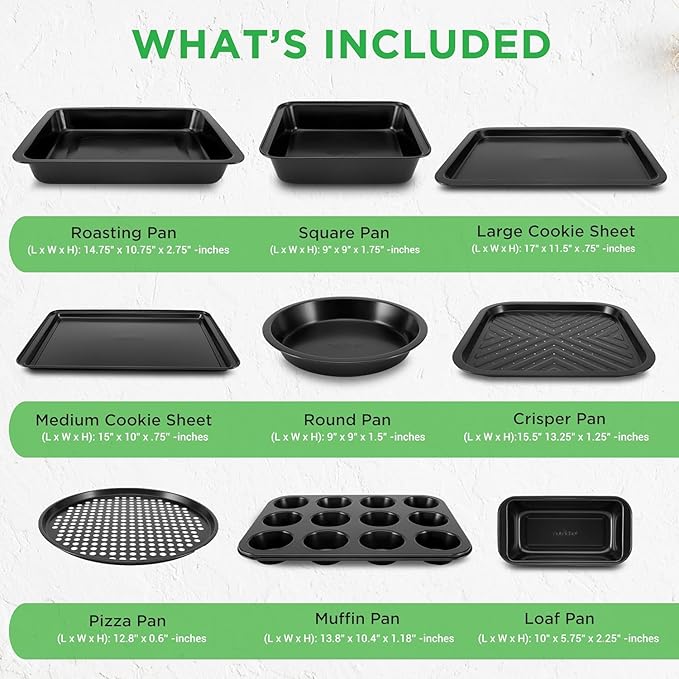 NutriChef 10-Piece Non-Stick Baking Set – Heavy-Duty Carbon Steel Bakeware Set w/ Cookie Sheets, Muffin Pan, Roasting Pan, Cake Pan, Baking Tray, Pizza Pan – Effortless Food Release & Easy Cleanup