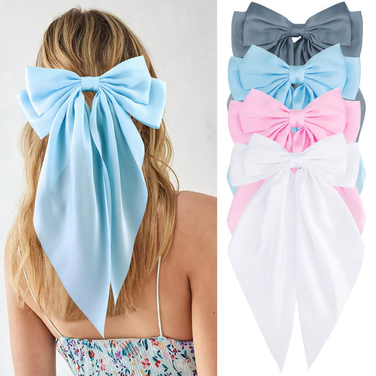 VELSCRUN Women's & Girls' 4-Pack Navy Blue & Pink Satin Hair Bows - Large Coquette & Oversized Ribbons - Long Tail Barrettes - Hair Accessories & Gifts