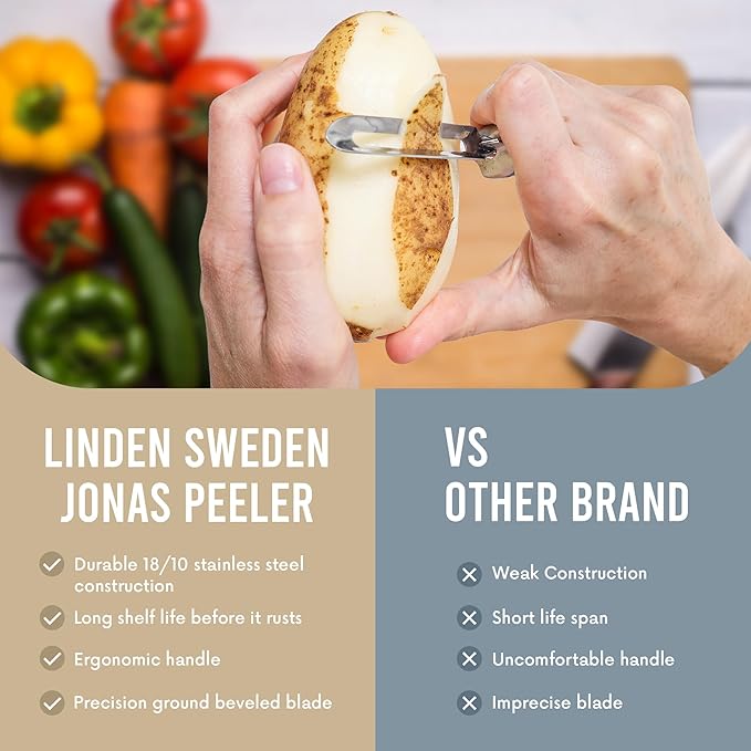 Linden Sweden Original Jonas Vegetable Peelers for Kitchen - Made In Sweden - Carrot Peeler with Ergonomic Handle for Safety and Control - Dishwasher Safe Potato Peelers - 3-Pack - Stainless Steel
