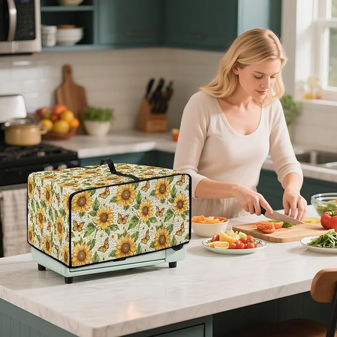 Countertop Convection Oven Cover Dust-Proof Toaster Oven Cover with Accessories Pockets, Countertop Convection Oven Protector, S, Sunflower Butterfly Retro Letter Print