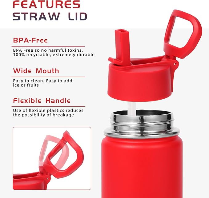 Volhoply 14oz Water Bottle with Straw Lid and Silicone Boot Bulk 2 Pack,Stainless Steel Insulated Cups for Boys & Girls Multipack,Double Wall Vacuum Leakproof KIds Bottles(Red,2)