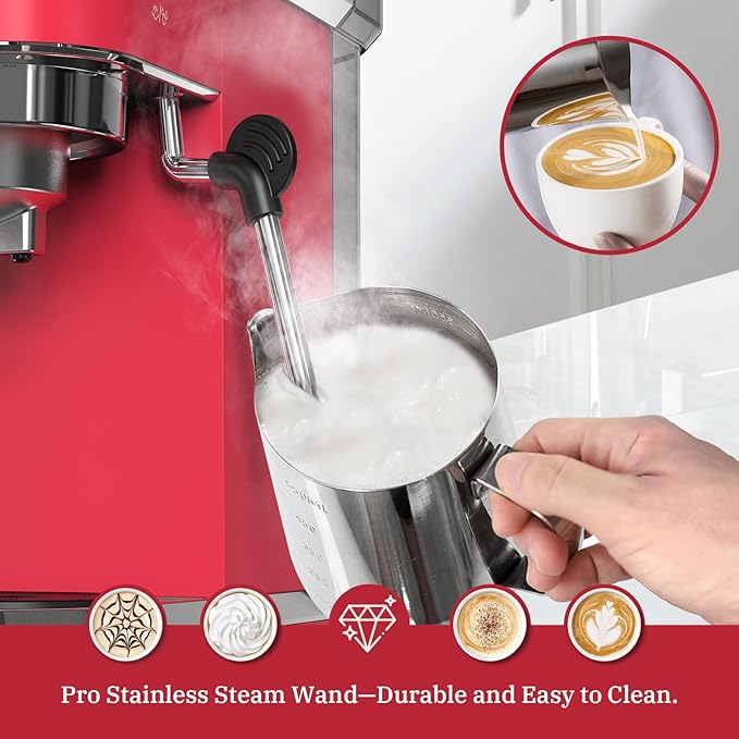 Espresso Machine 20 Bar, Professional Espresso Maker with Milk Frother Steam Wand, Compact Coffee Machine with Removable Water Tank for Cappuccino, Latte, Gift for Dad or Mom, Stainless Steel, Red