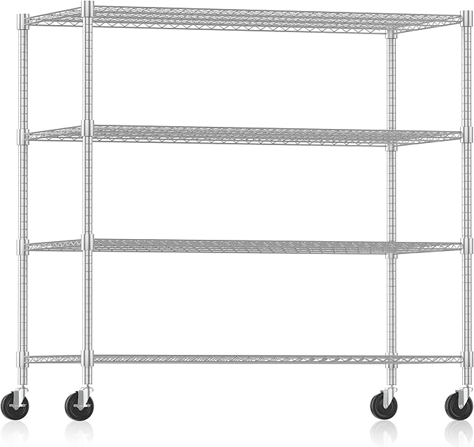 Himimi Storage Shelves 60"W Wire Shelving with Wheels 2600LBS Heavy Duty Metal Shelves for Storage, 4-Tier Adjustable Wire Rack Shelving Garage Shelving Kitchen Storage Shelves 24"Dx60"Wx72"H, Silver