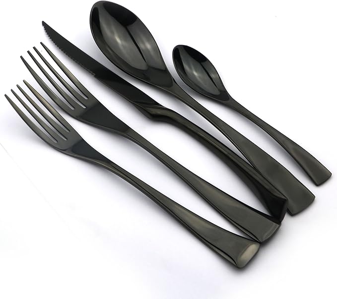 20-Piece 18/10 Stainless Steel Serrated Steak Knife Flatware Set, Mirror Polishing Black, Service for 4