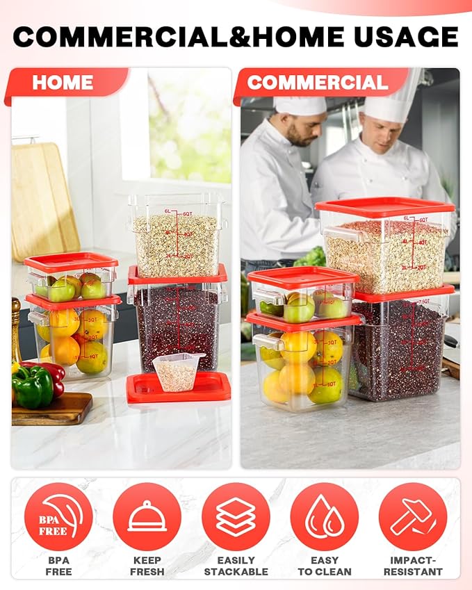 6QT NSF Food Storage Containers: 8 PCS [Food Grade][Hot&Cold Resistant] Commercial Clear Square Food Storage Containers with Scales Handles for Home Restaurant Kitchen Proof Dough (Green)