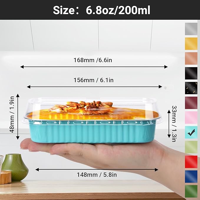 EUSOAR Baking Cups with Lids, 50pcs 6.8oz 6.5"x2.5"x1.2" Disposable Aluminum Foil Ramekins Pan Tin, Cupcake Containers Wrappers Cheesecake Creme Brulee Ramekins Mini Loaf Cake Pans with Lids