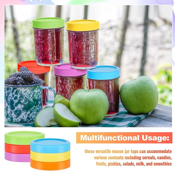 6 Pcs Silicone Regular Mouth Lids Mason Jar Lids Thickened Leak Proof Lid for 70 mm All Regular Mouth Mason Jars, Reusable Large Canning Jar Caps(Red, Orange, Yellow, Green, Blue, Purple)