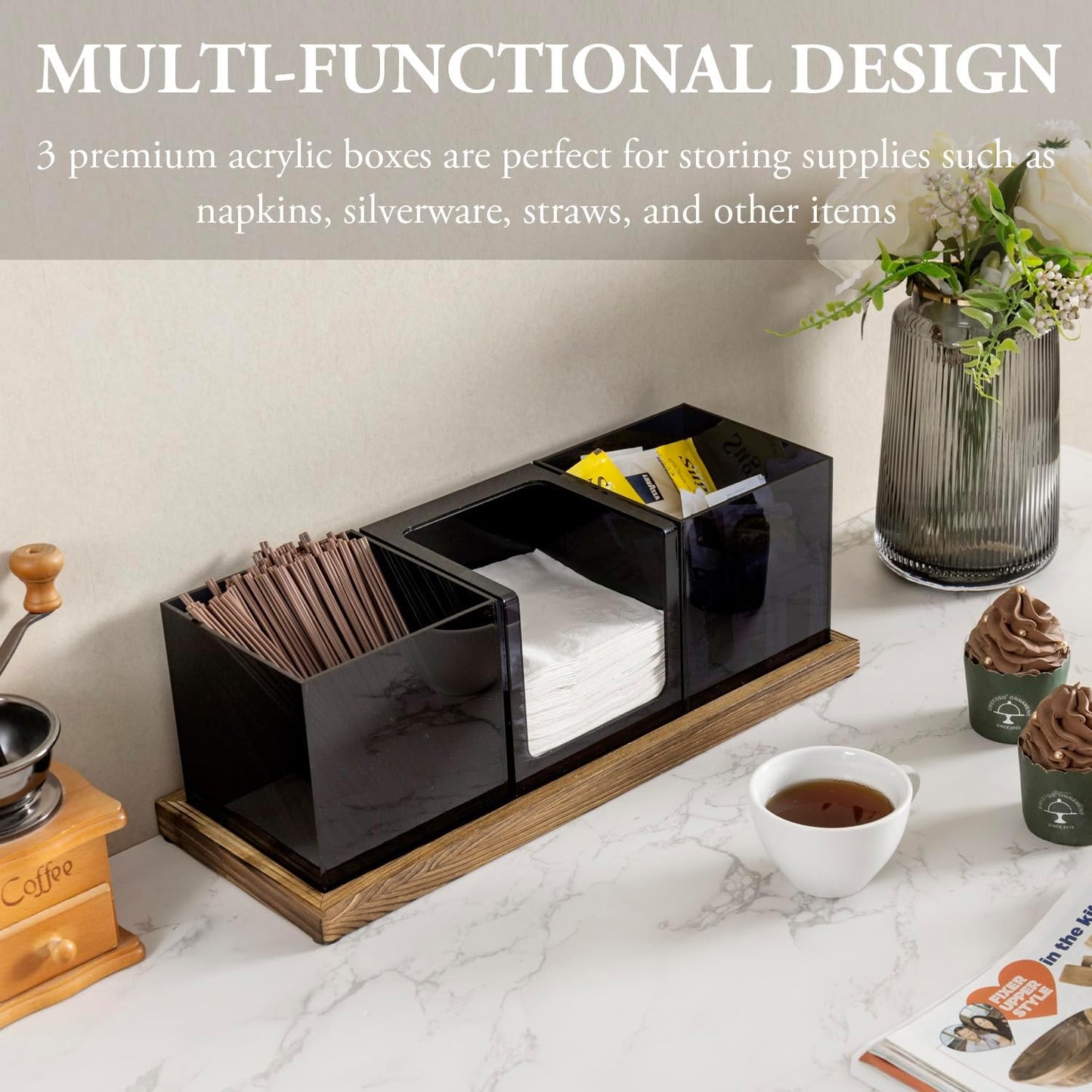 MyGift Modern Acrylic Coffee and Tea Station Organizer with 3 Removable Premium Translucent Black Acrylic Compartments and Rustic Burnt Solid Wood Decorative Tray, 4 Piece Set