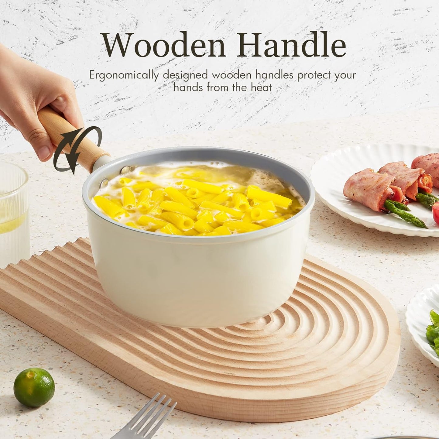 ROCKURWOK Ceramic Nonstick Sauce Pan, 3 QT Pot with Steamer, Non Toxic & PFAS-Free, Wooden Handle for Cool Touch, Universal Base(Gas, Electric & Induction), White