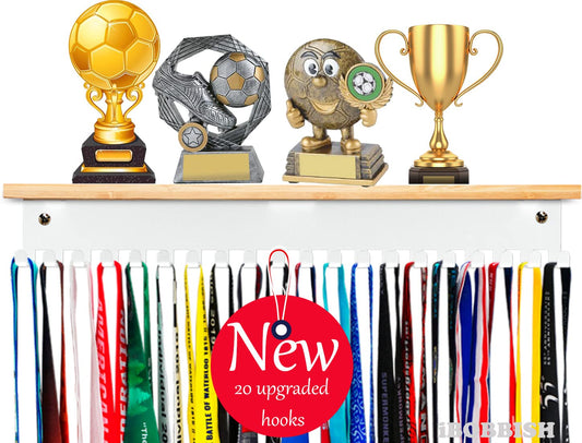 White Trophy and Medal Display Shelf 16inchL,Metal Trophy Shelf with 20 Hooks Upgraded,Large Trophy Board Display,Sturdy Trophy Shelf with Hooks for Medals in White