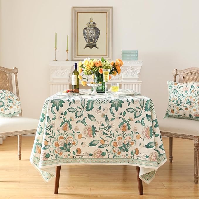 patdrea Designer Green Long Rectangle Table Cloth,Vintage Italian Floral Country Linen Breathable Tablecloth,Decor Cover for Kitchen Dining,Christmas,Tea Party,Thanksgiving,63"x102"-Tree Life