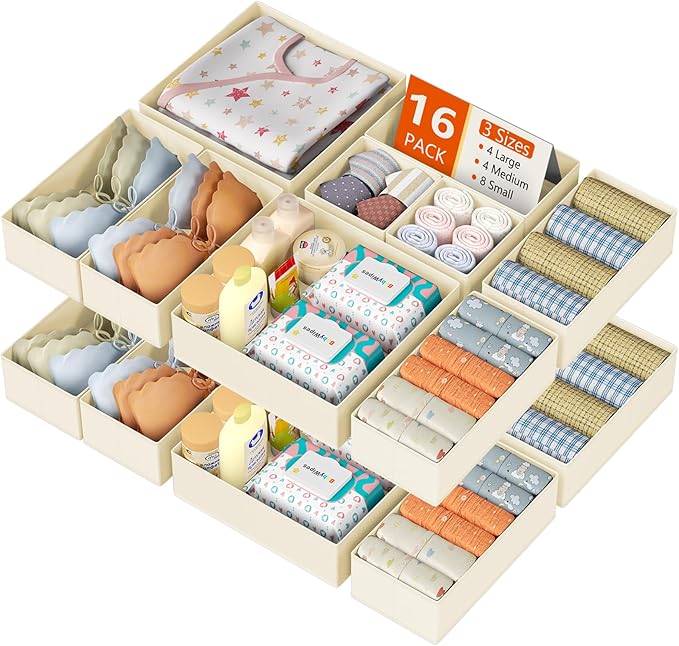 DIMJ Drawer Organizer Clothes 16 Pack - Foldable Baby Organizers and Storage & Dresser Organizer for Bedroom, Closet - Nursery Organization Dresser Dividers for underwear, Sock,Bra, Belt, Tie, Beige