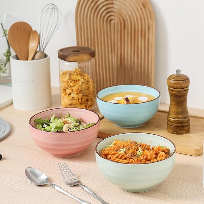 KitchenTour 24 OZ Cereal Bowls Set of 6, Ceramic Soup Bowls for Kitchen, 5.9 Inch Colorful Serving Bowls for Oatmeal, Salad, Pasta, Dessert - Microwave & Dishwasher Safe, Assorted Warm Colors