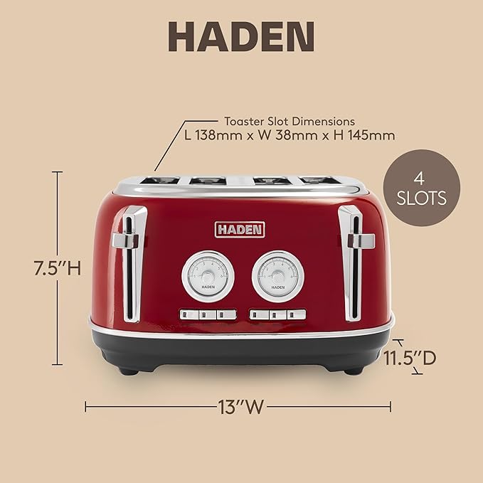 Haden Dorset 4 Slice Wide Slot Stainless Steel Toaster with Adjustable Browning Control & Non-Slip Feet, Rectory Red