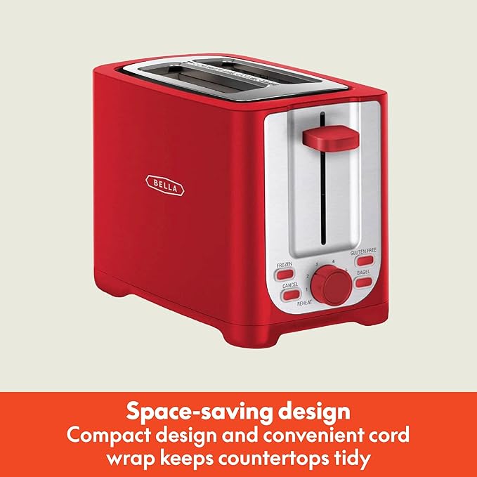 BELLA 2 Slice Toaster with Auto Shut Off - Extra Wide Slots & Removable Crumb Tray and Cancel, Defrost & Reheat Function - Toast Bread, Bagel & Waffle, Red