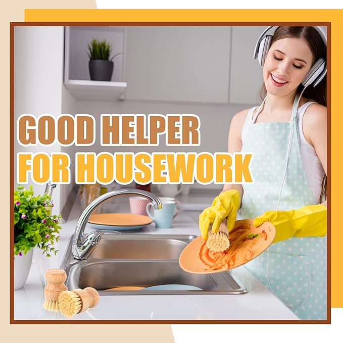 Nuenen 6 Packs Bamboo Dish Scrub Brushes Wooden Scrubbers Set Kitchen Dishwashing Scrubber with Natural Sisal Bristles for Iron Pot Pan Sink(Sisal)