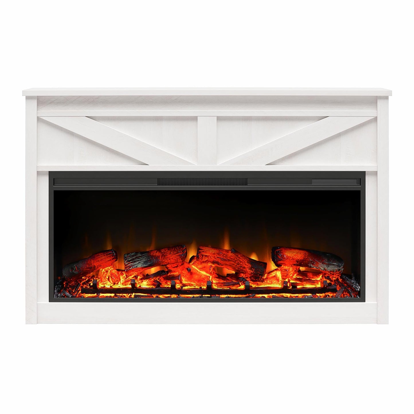 Ameriwood Home Farmington 49 Inch Electric Fireplace with Mantel, Replaceable Fireplace Insert Heater. Remote Control, Timer, Realistic Log and Flame Effect, Ivory Oak