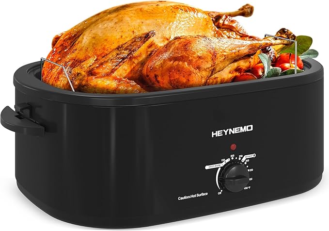 18Qt Roaster Oven Buffet with Self-Basting Lid, 1450W Stainless Steel Electric Turkey Roaster Oven with Cool-Touch Handles, Removable Pan and Rack, Black