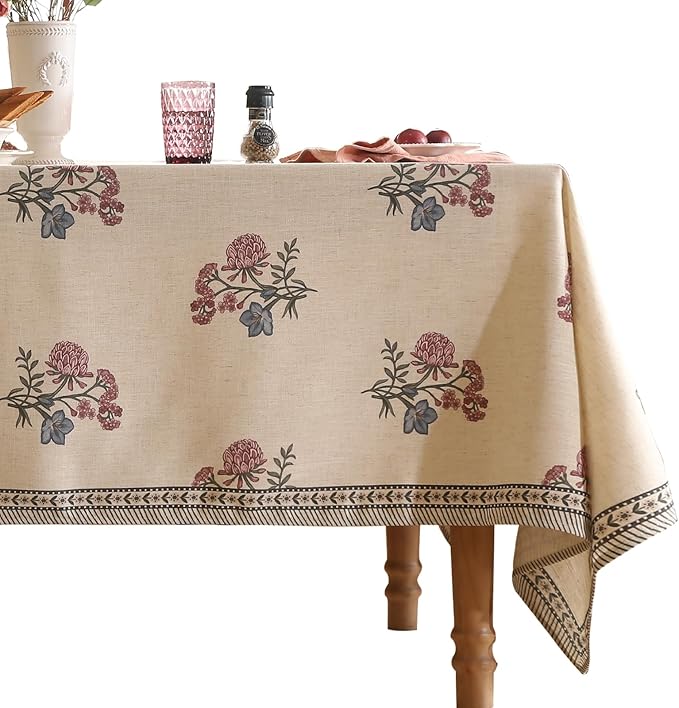 ISAENNE Designer Linen Light Beige Small Rectangle Tablecloth,French Colorful Floral Table Cloth,Stain Resistant Decor Tablecloths for Dining Thanksgiving Christmas Kitchen,55"*71"-Helena E