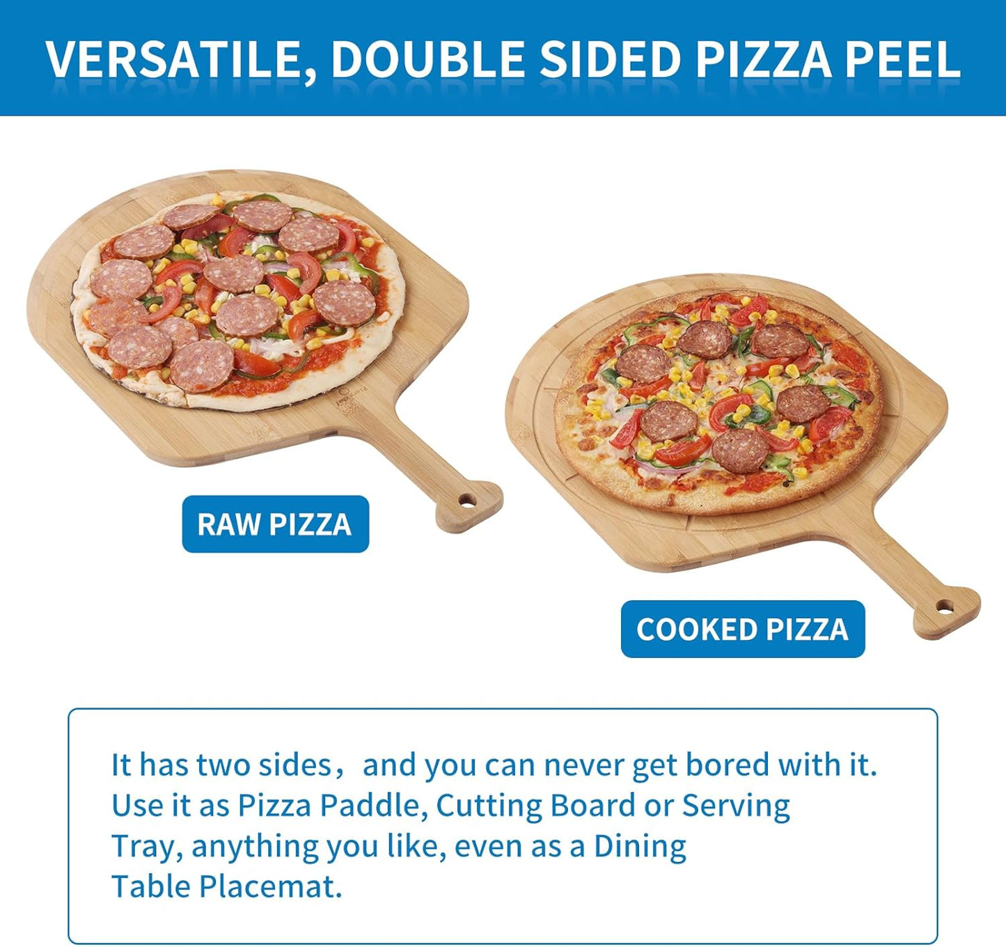 12” Bamboo Pizza Peel - Lightweight Smooth Wooden Pizza Paddle and Pizza Cutting Board with 8 Slice Grooves, Outdoor Pizza Oven Accessories, 17.3 Inch x 12.2 Inch