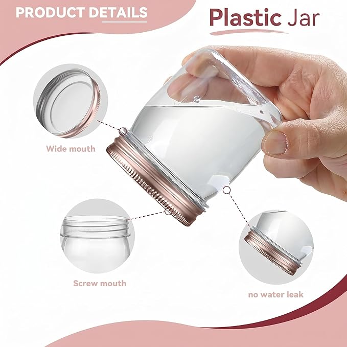 novelinks 8 oz Clear Plastic Jars with Airtight Lids, 48 Pack Plastic Mason Jars with Lids 8oz, Refillable Storage Slime Containers & Small Spice Jar for Kitchen Organization (48 Pack,Rose Gold)