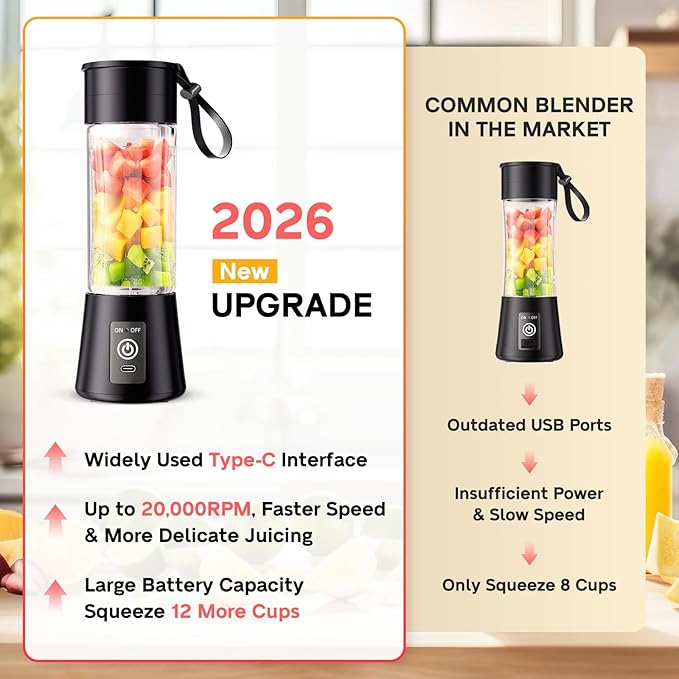 Portable Blender for Smoothies & Shakes - Cordless Personal Size Blender with 6 Blades, 380Ml Juice Cup, Lightweight & Rechargeable, Freshly Squeezed for Picnic/Sports/Office, Mother's Day
