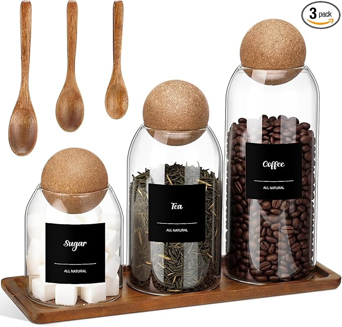 Suclain 3 Pcs Glass Coffee Storage Jar with Ball Cork Lid Wooden Spoon Shelf Labels Airtight Round Bottle Jar Food Storage Canister Set for Sugar Spice Coffee Bean Holder Candy Gift(17, 27, 41 oz)