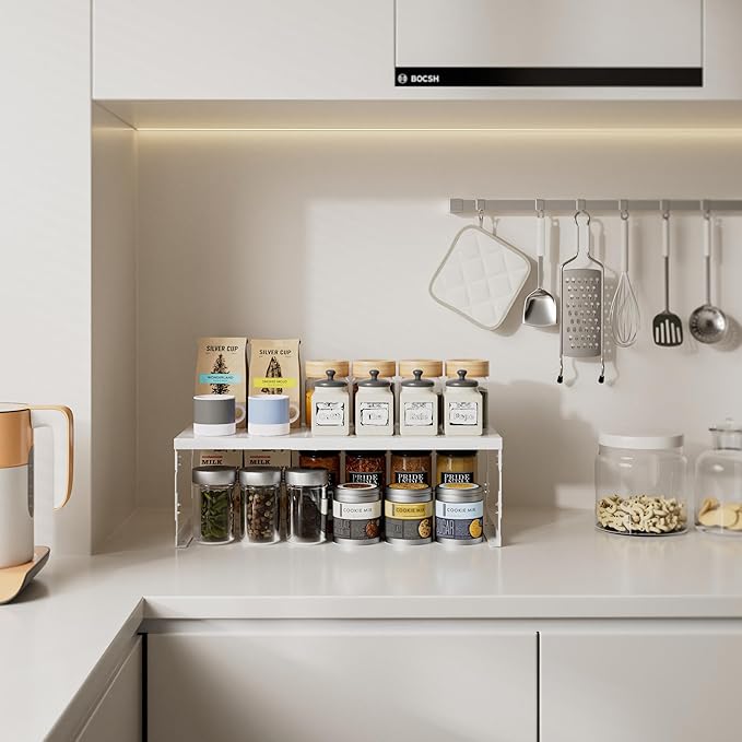 Stackable Expandable Metal Shelf Organizer - Adjustable Wire Storage Rack with Holes for Kitchen, Bathroom, Cabinet, Office - Space Saving, Durable & Sturdy Design（1PACK/Large/White