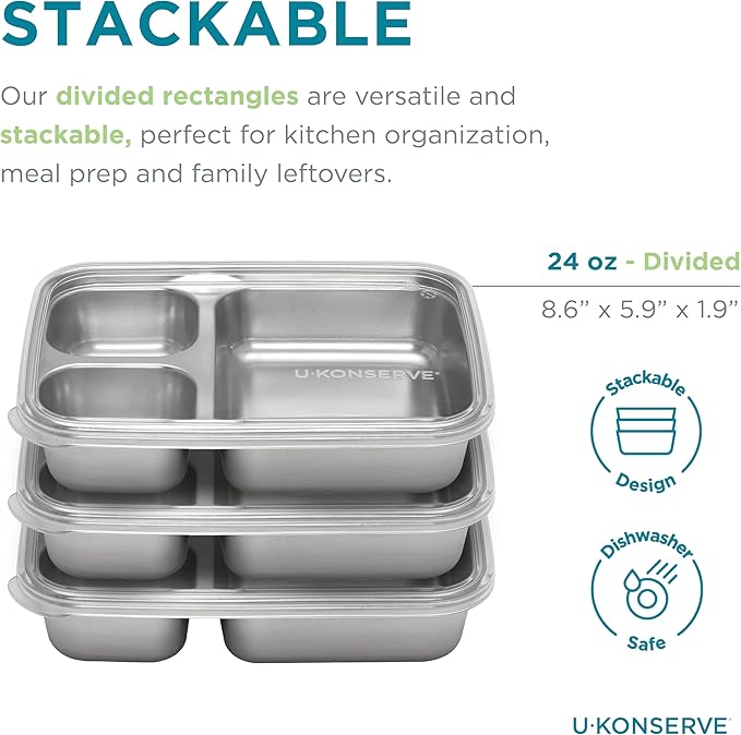 U Konserve Stainless Steel Rectangle Divided 3 Section Food Storage Bento Box Container, Leak Proof Silicone Lid Dishwasher Safe - Plastic Free, (24oz Cosmic Blue)