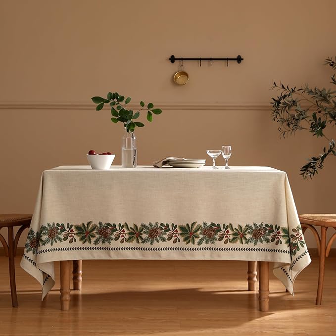 ISAENNE Designer Christmas Linen Rectangular Tablecloth,Light Beige Western Elegant Table Cloth,Wrinkle Resistant Decor Tablecloths for Dining Thanksgiving Kitchen Christmas,55"*87"-Carol G