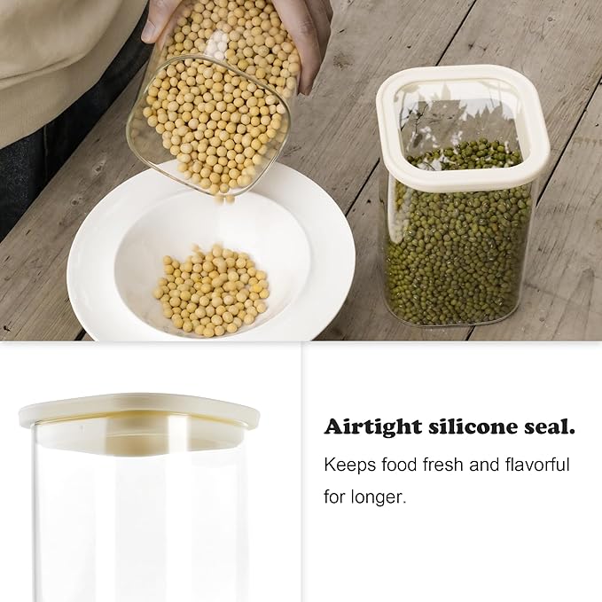 4pcs 40oz Square Pantry Glass Jars with Clear Airtight Lids Kitchen Canisters Sets for Flour, Sugar Refrigerator Safe, Patent Approved