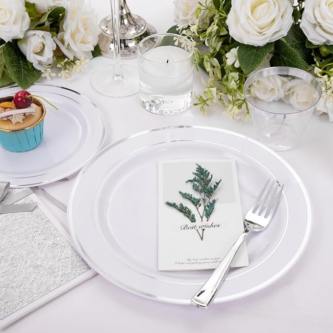 bUCLA 150-Piece Silver Disposable Dinnerware Set - White Plastic Plates with Silver Rim - Include 25 Dinner Plates, 25 Dessert Plates, 25 Forks, 25 Knives, 25 Spoons & 25 Cups for Party & Christmas