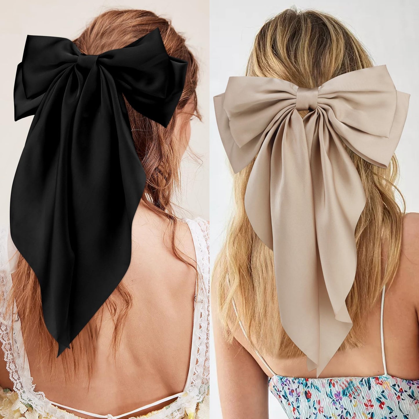 Velscrun Hair Bows for Women Girls 4Pcs White Silky Hair Bow Khaki Satin Large Coquette Bow Brown Big Hair Bows Clip Oversized Hair Ribbons Long Tail Black Bow Hair Barrettes Hair Accessories Gifts