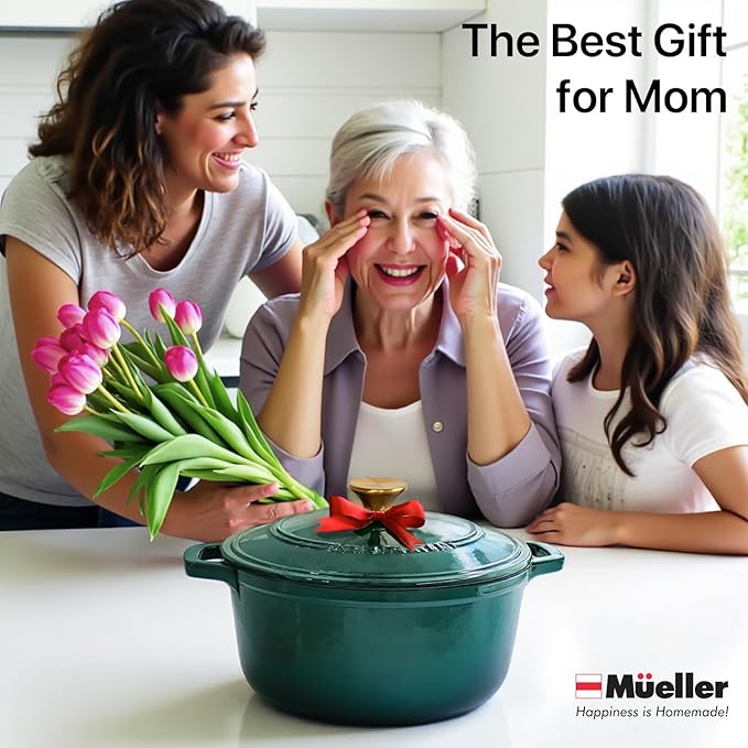 MUELLER HOME 7.5 QT Enameled Cast Iron Dutch Oven, Heavy-Duty Casserole Dish and Braiser Pan with Lid and Stainless Knob, Oven-Safe up to 500° F & Across All Cooktops, Emerald