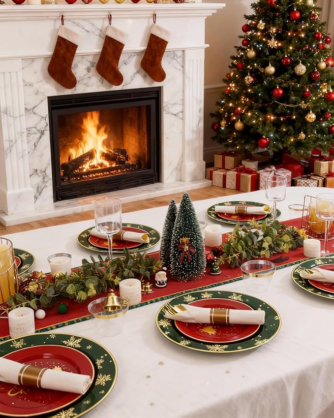Goodluck 350 Piece Christmas Plates Sets for 50 Guests, Christmas Tableware Disposable for Party, Include 100Plates, 50Pack Pre Rolled Napkins with Silverware, 50Cups for Party, Wedding, Graduation