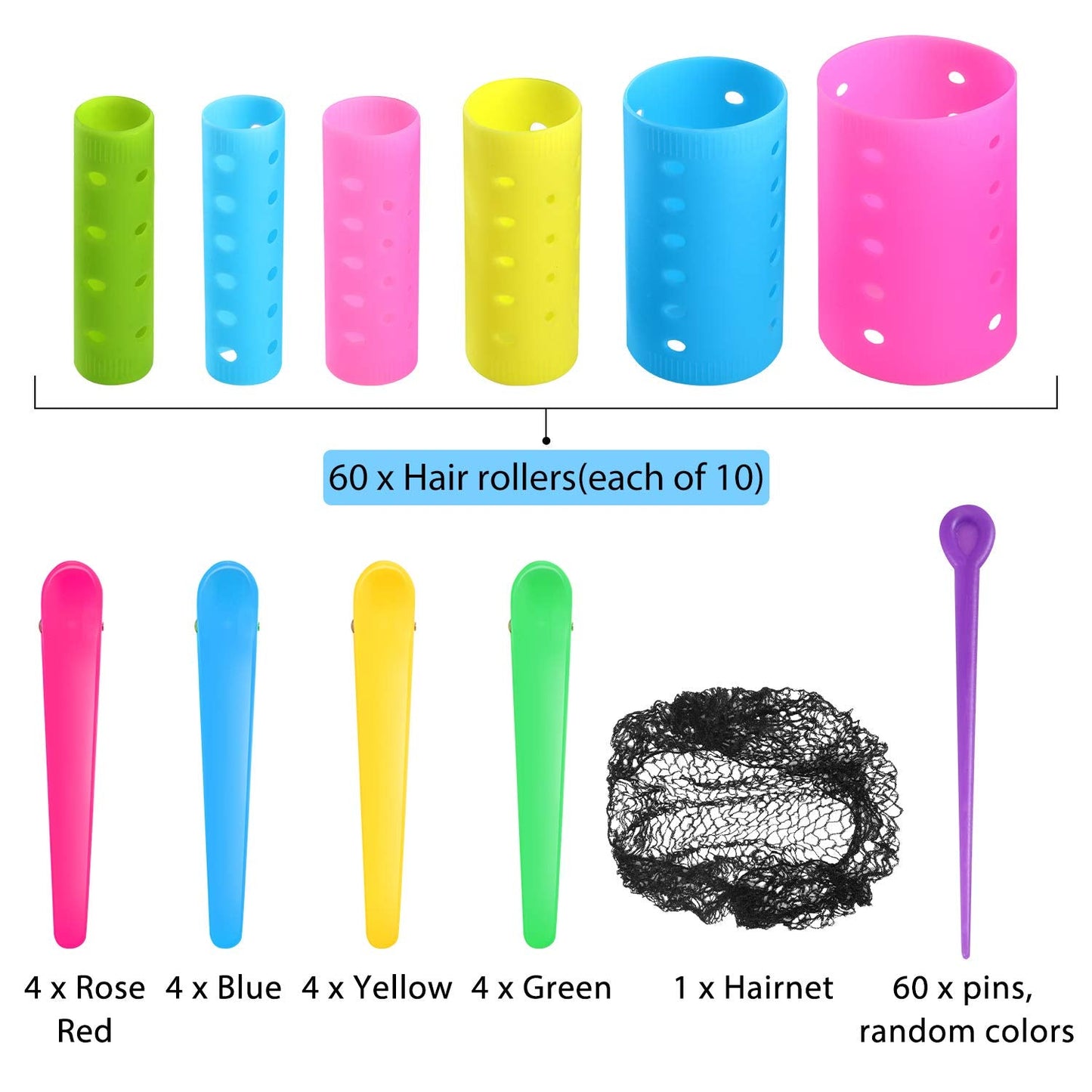 141 Pieces Hair Rollers Set Include 60 Plastic Hair Rollers (Multicolor,6 Size)