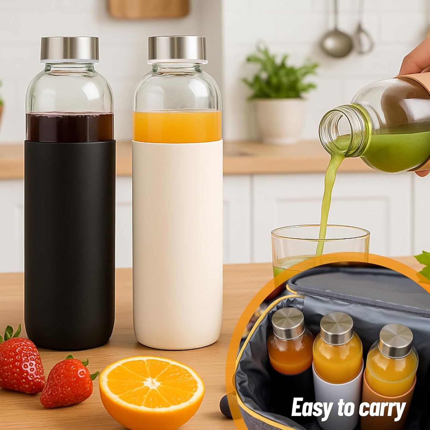 32 oz Clear Glass Bottles with Lids and Silicone Sleeve, Reusable Refillable Water Bottles for Juicing, Refrigerator,100% Leak Proof, BPA Free, Juice Glass Set of 3