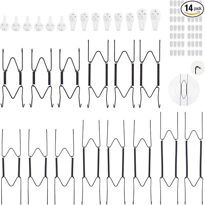 Bilillo 14 pcs Plate Hangers for The Wall, 4/6/8/10/12 Inch Invisible Plates Hangers, Stainless Steel Plate Wall Holders for Display Various Sizes with Hooks for Decorative Black