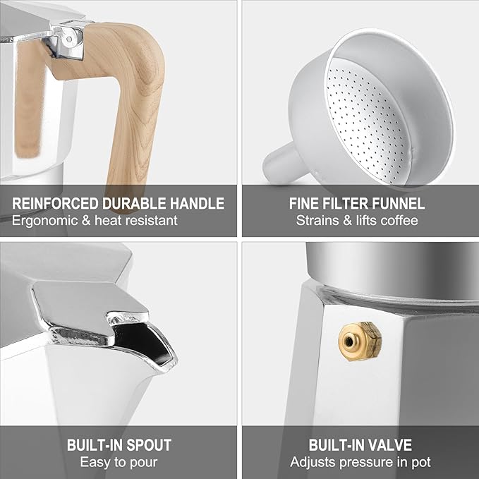 Sivaphe Aluminum Moka Pot 3 Espresso Cups, Percolator Espresso and Coffee Maker, Portable Stovetop Italian and Cuban Café Brewer for Home and Camping Sliver