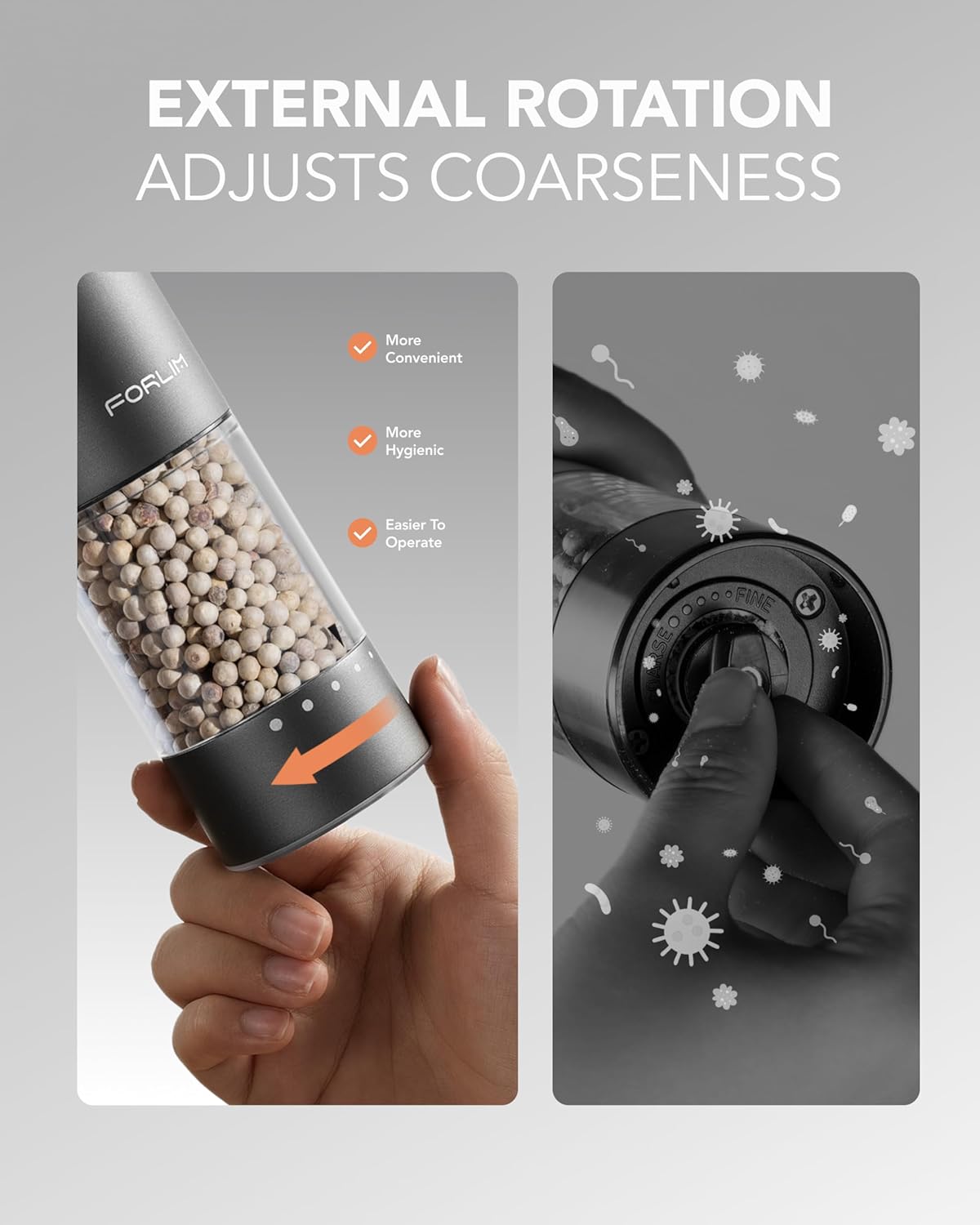 FORLIM 2-Speed Electric Salt And Pepper Grinder Set, External Rotation To Adjust Coarseness, Rechargeable Aluminum Alloy Pepper Mill With Base, One-Button Automatic Grinding, Washable Container