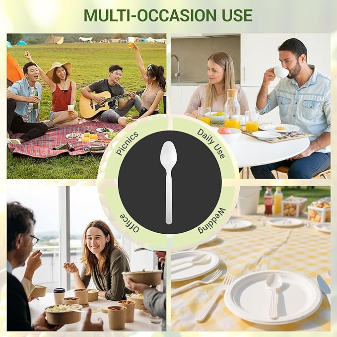Compostable Spoons [100 Pcs] CPLA Spoons Disposable BPI Certified BPA-Free, Heat Resistant, Durable Disposable Utensils Alternative to Plastic Silverware for Daily, Party & Camping