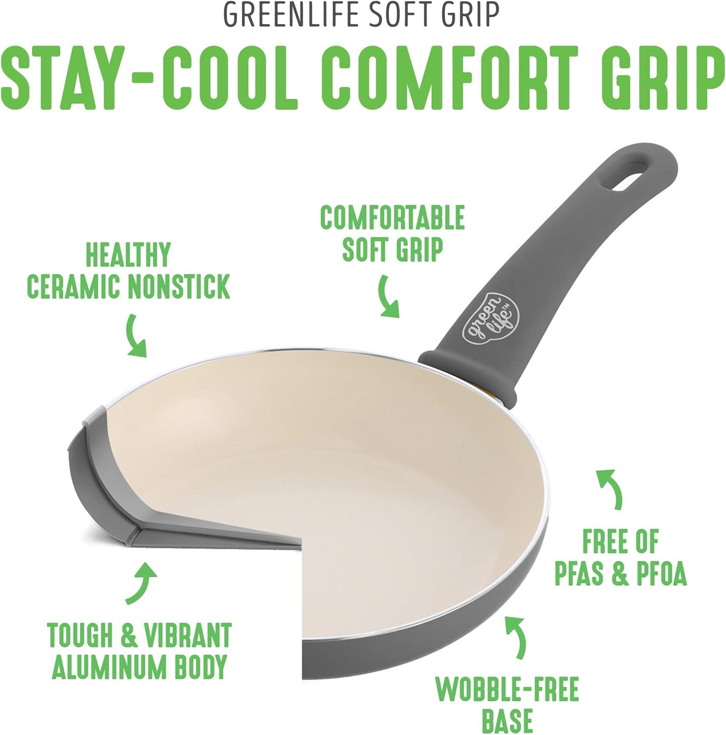 GreenLife 16 Piece Nonstick Cookware Set, Soft Grip Non-Toxic PFAS-Free Ceramic Pots & Pans, Dishwasher & Oven Safe, Frying, Sauce, Saute, Utensils, Glass Lids, Stay-Cool Handles, Wobble Free, Gray