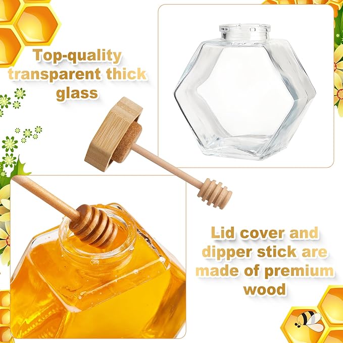 Sunnyray 20 Pcs Glass Honey Jars with Dipper Hexagonal Clear Glass Dispenser Small Honey Containers Bottle with Wooden Dipper and Cork Lid for Home Storage Kitchen (100 ml)