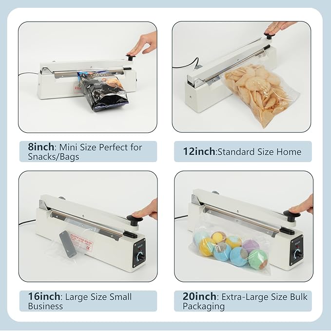 Impulse Heat Sealer with Sealing Bar: Heavy-Duty Bag Sealer with Extra Cutting Blade (White, 12-Inch)