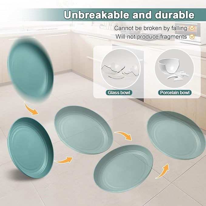 12 Pcs Unbreakable Deep Dinner Plates Set, 10 inch Reusable Plastic Wheat Straw Plates, Microwave and Dishwasher Safe Plate for Kitchen, Lightweight Plate for Dessert, BPA Free, Dark Blue