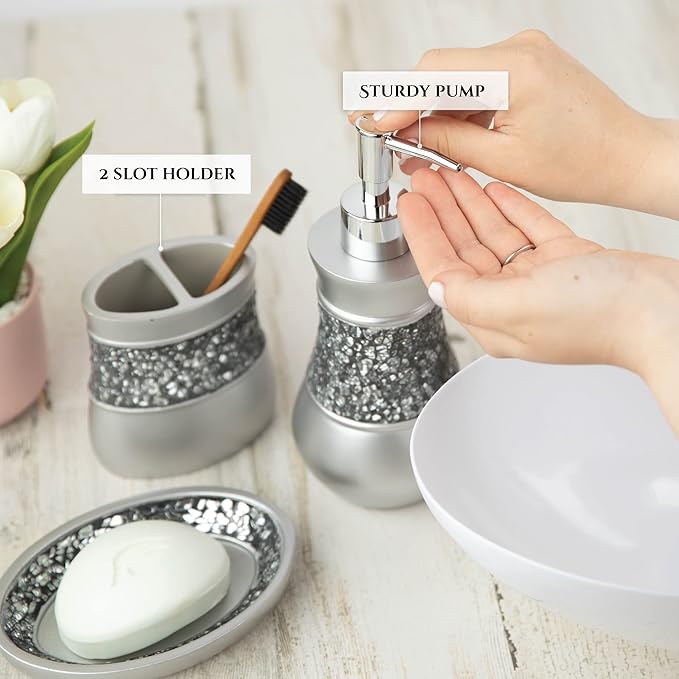 Creative Scents Crackled Glass Silver Hand Soap Dispenser for Bathroom, Decorative Countertop Lotion Dispenser, Elegant Liquid Soap Dispenser with Sturdy Pump for Classic Bathroom Décor