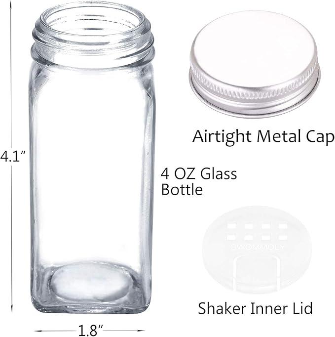 SWOMMOLY 48 Glass Spice Jars with 806 White Spice Labels, Chalk Marker and Funnel Complete Set. Empty Square Spice Bottles 4 oz, Spice Containers with Pour/sift Shaker Lid, Airtight Cap